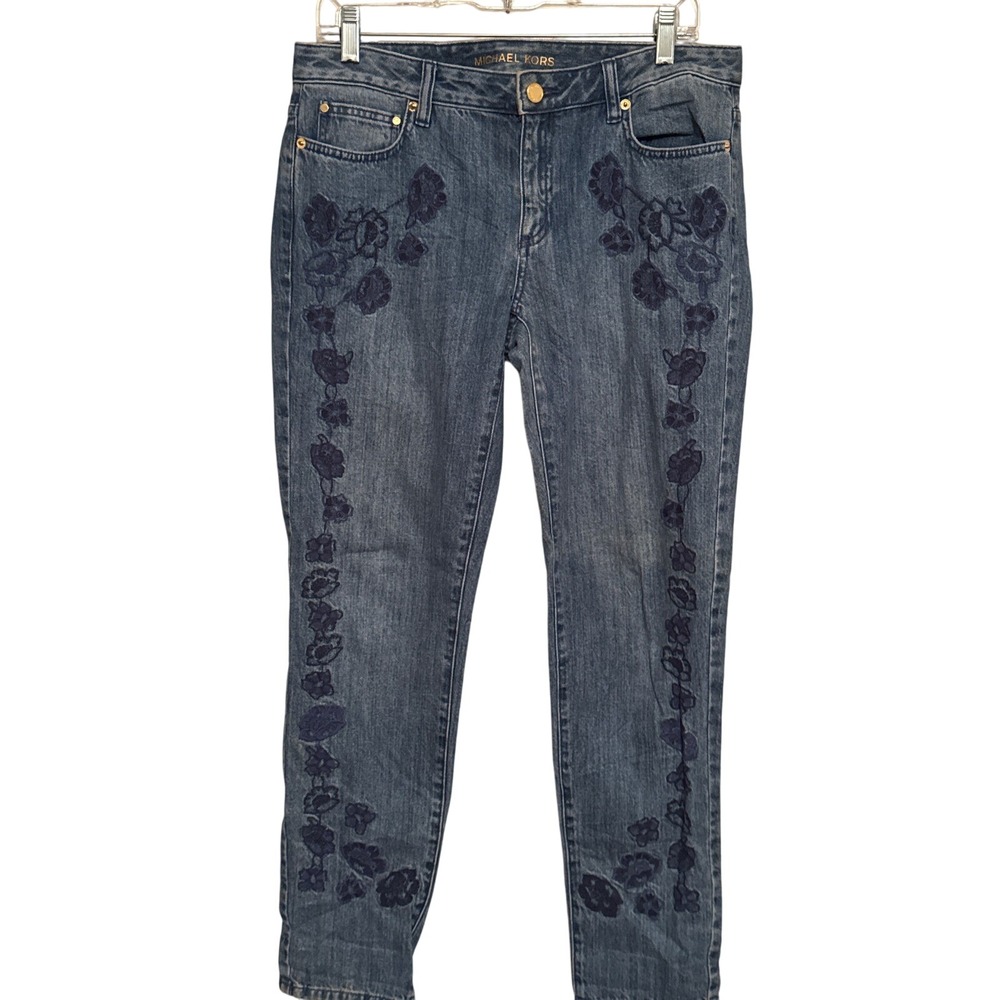 Michael Kors Dillon‎ Relaxed Embroidered Floral Jeans Denim Blue Women's